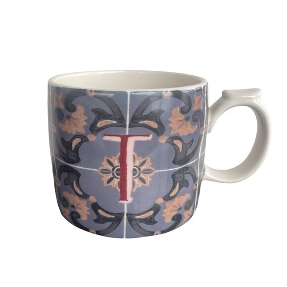Anthropologie Blue Tile Coffee Mug Thumb Rest Handle Letter Monogram T 16 OZ New - Picture 1 of 5